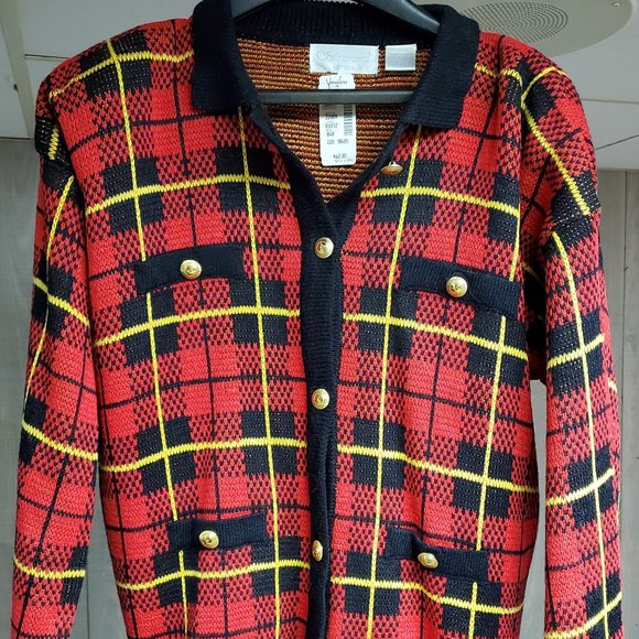 RED PLAID ACRYLIC CARDIGAN SWEATER NEW WITH TAGS SIZE PM - Picture 1 of 6